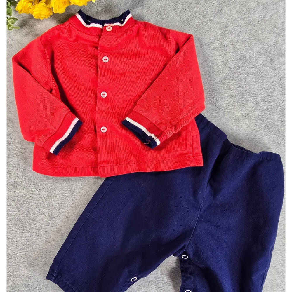 Vintage 70s Baby Boy Red Cardigan Navy Blue Pants Set Sport Football Detail 6-9m